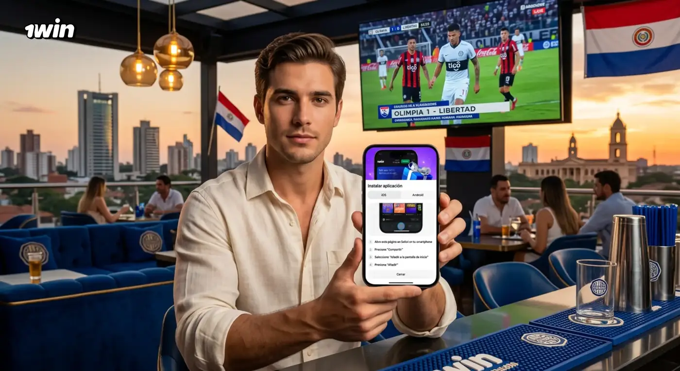 Hombre en una terraza de Asunción muestra la instalación de la app de 1win en su celular con un partido de fútbol de fondo