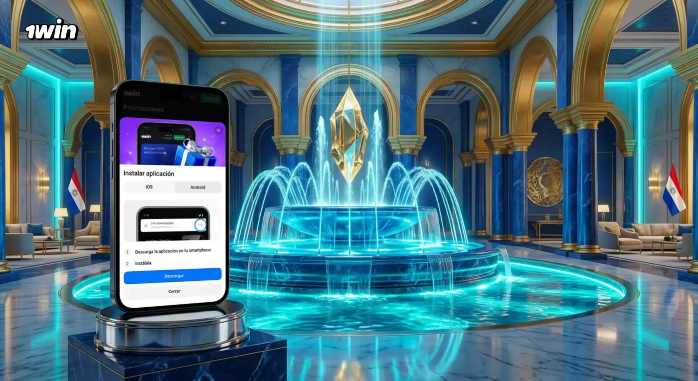 Celular con el acceso directo de 1win frente a una fuente iluminada en un salón con banderas de Paraguay