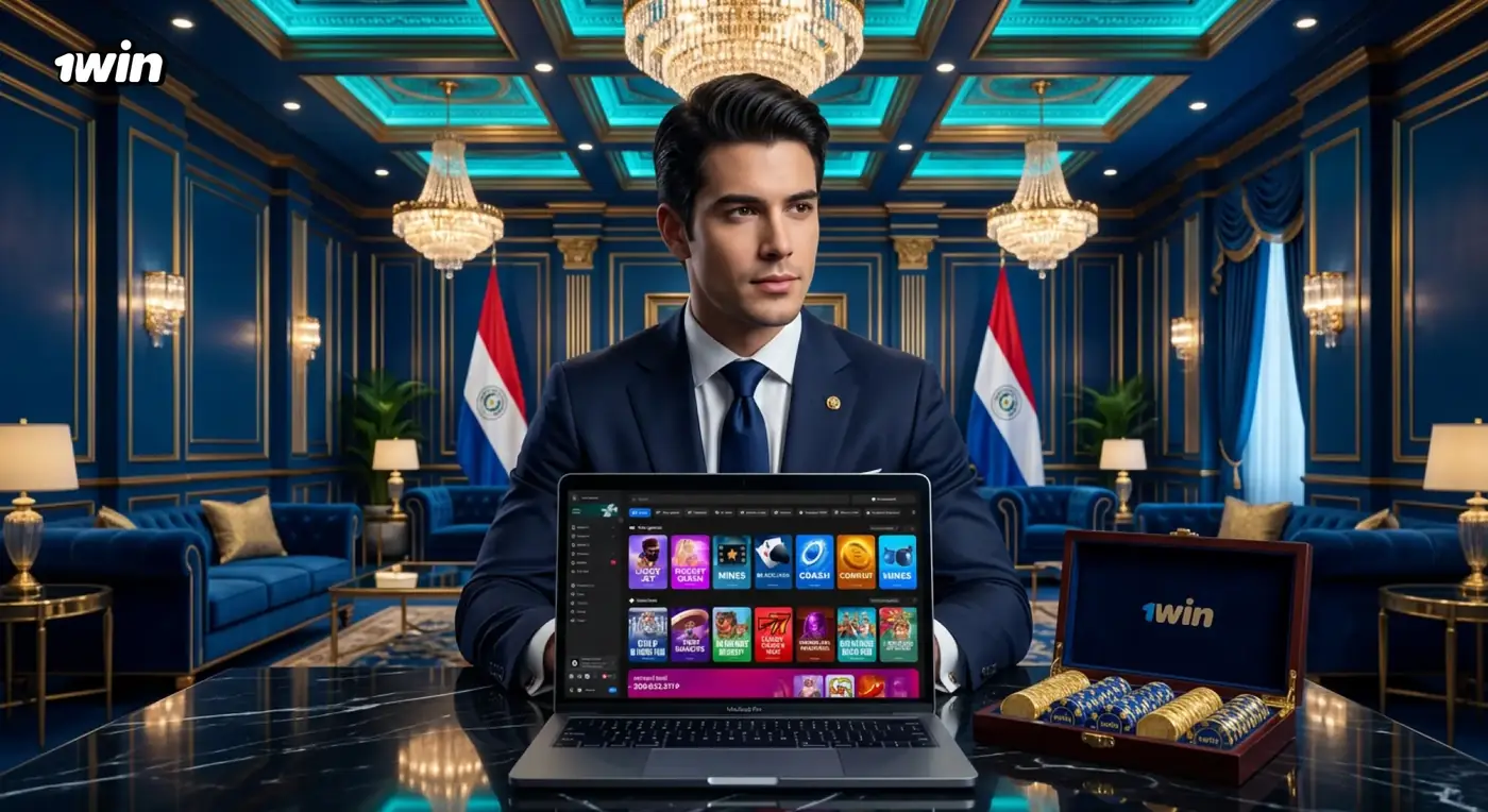 Hombre en un salón de lujo azul juega en el casino de 1win desde una laptop con banderas de Paraguay
