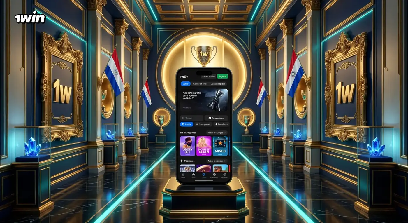 Celular con la app de 1win sobre un pedestal en un salón con columnas doradas y banderas de Paraguay